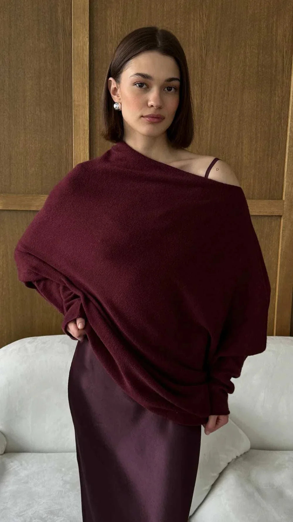 Charli Natalie Asymmetrical Sweater Burgundy One Size