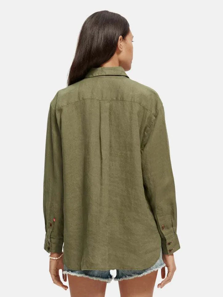 Scotch and Soda Oversized Linen Shirt Olive Green