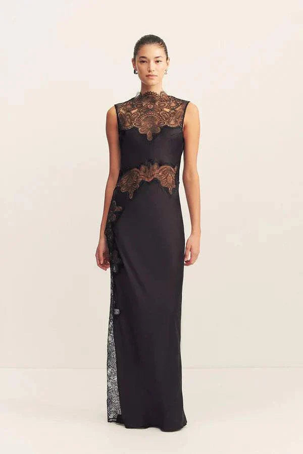Shona Joy Lace High Neck Maxi Dress Black