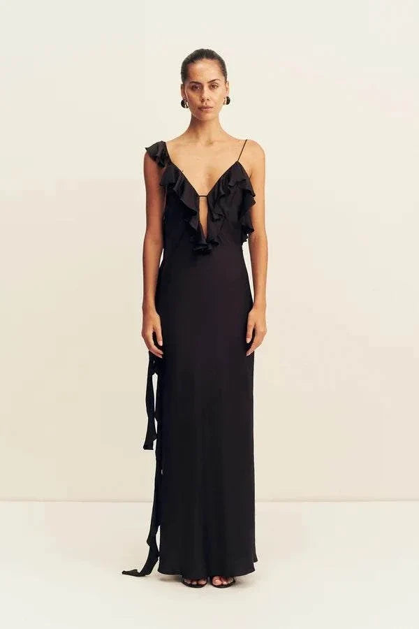 Shona Joy Ruffle Slip Maxi Dress Black