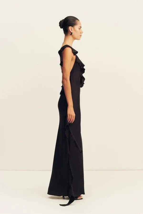 Shona Joy Ruffle Slip Maxi Dress Black