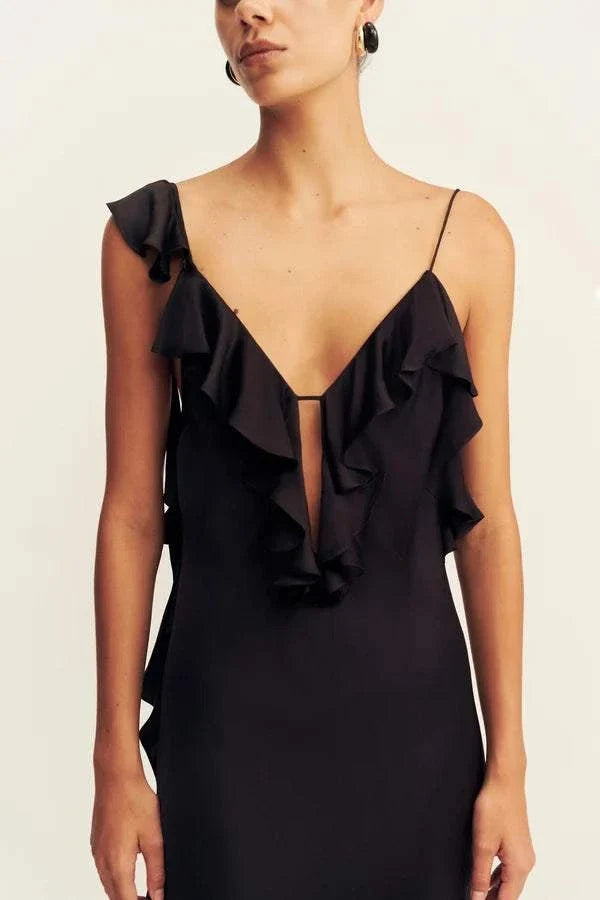 Shona Joy Ruffle Slip Maxi Dress Black