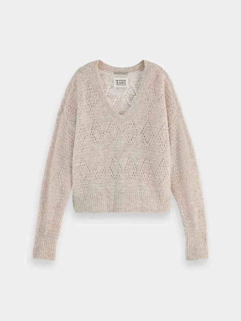 Scotch and Soda Boucle V Neck Relaxed Pullover Oatmeal Melange