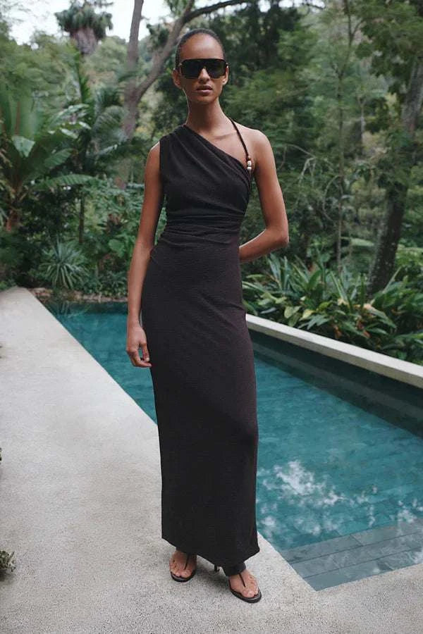 Shona Joy Beau Gathered Asymmetrical Midi Dress Espresso
