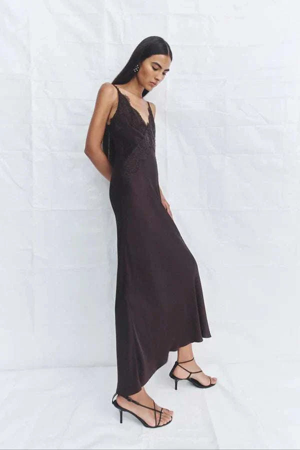 Shona Joy Simona Lace Slip Maxi Dress Espresso