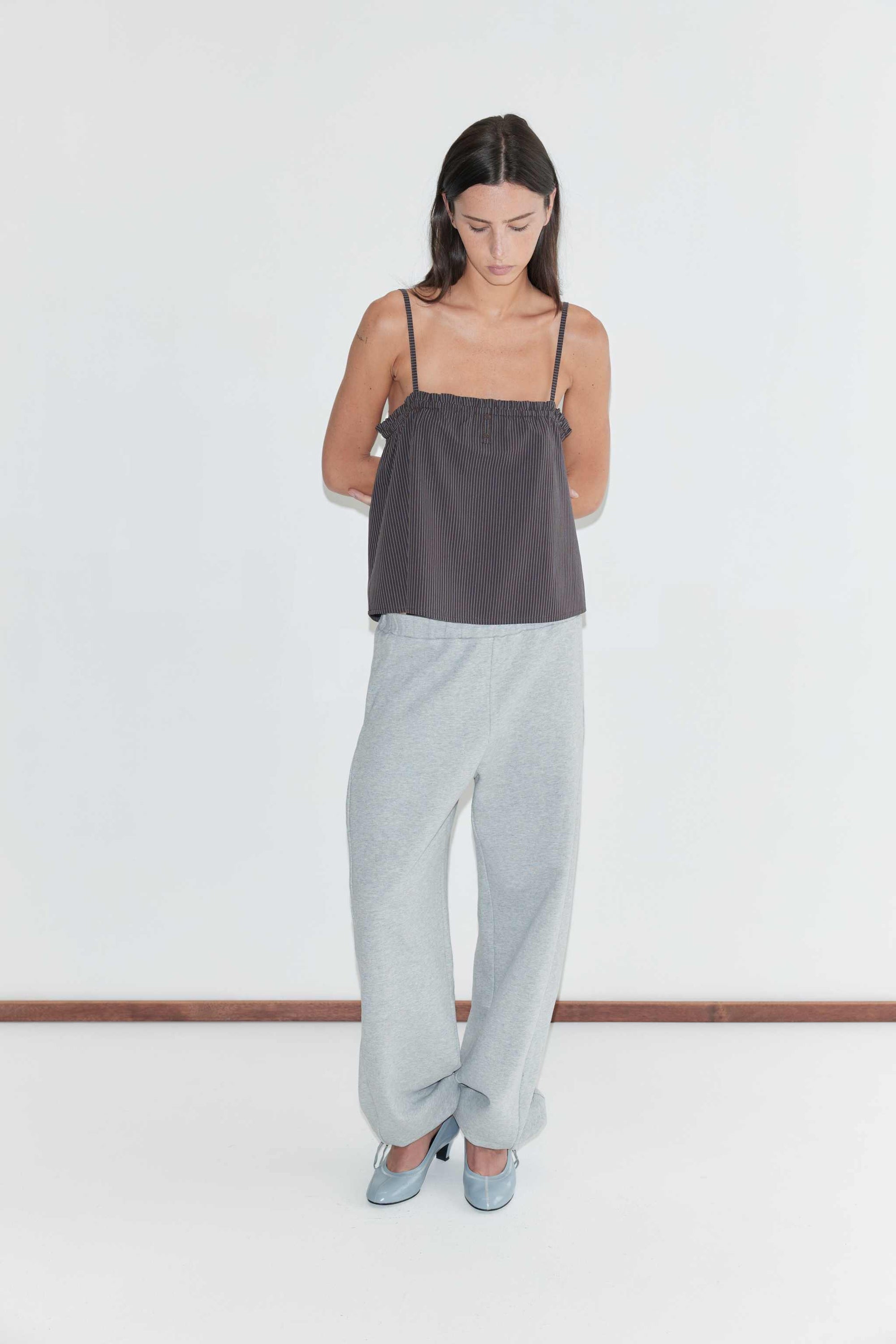 Deiji Studios Frill Placket Top Brown Blue Stripe