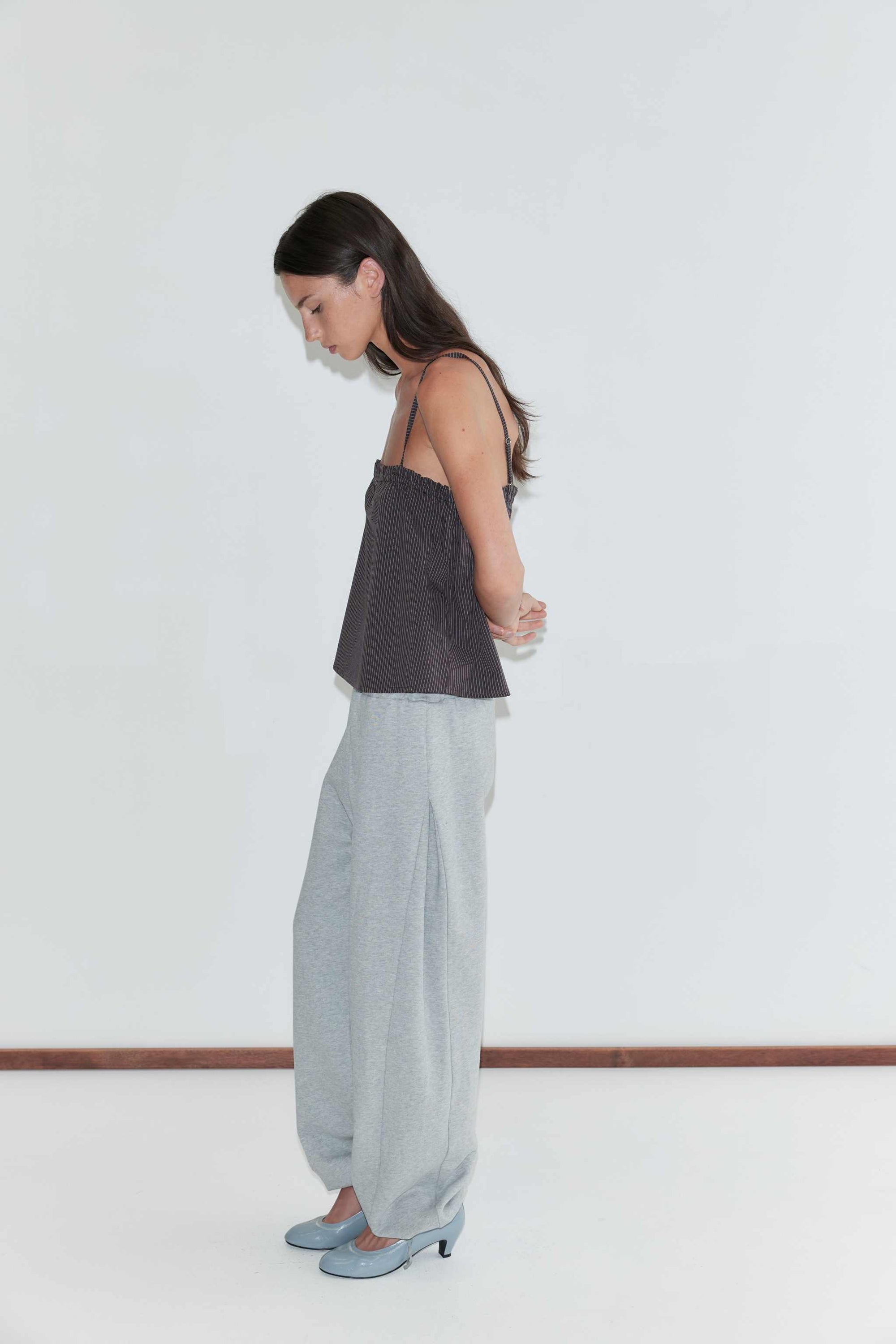 Deiji Studios Frill Placket Top Brown Blue Stripe