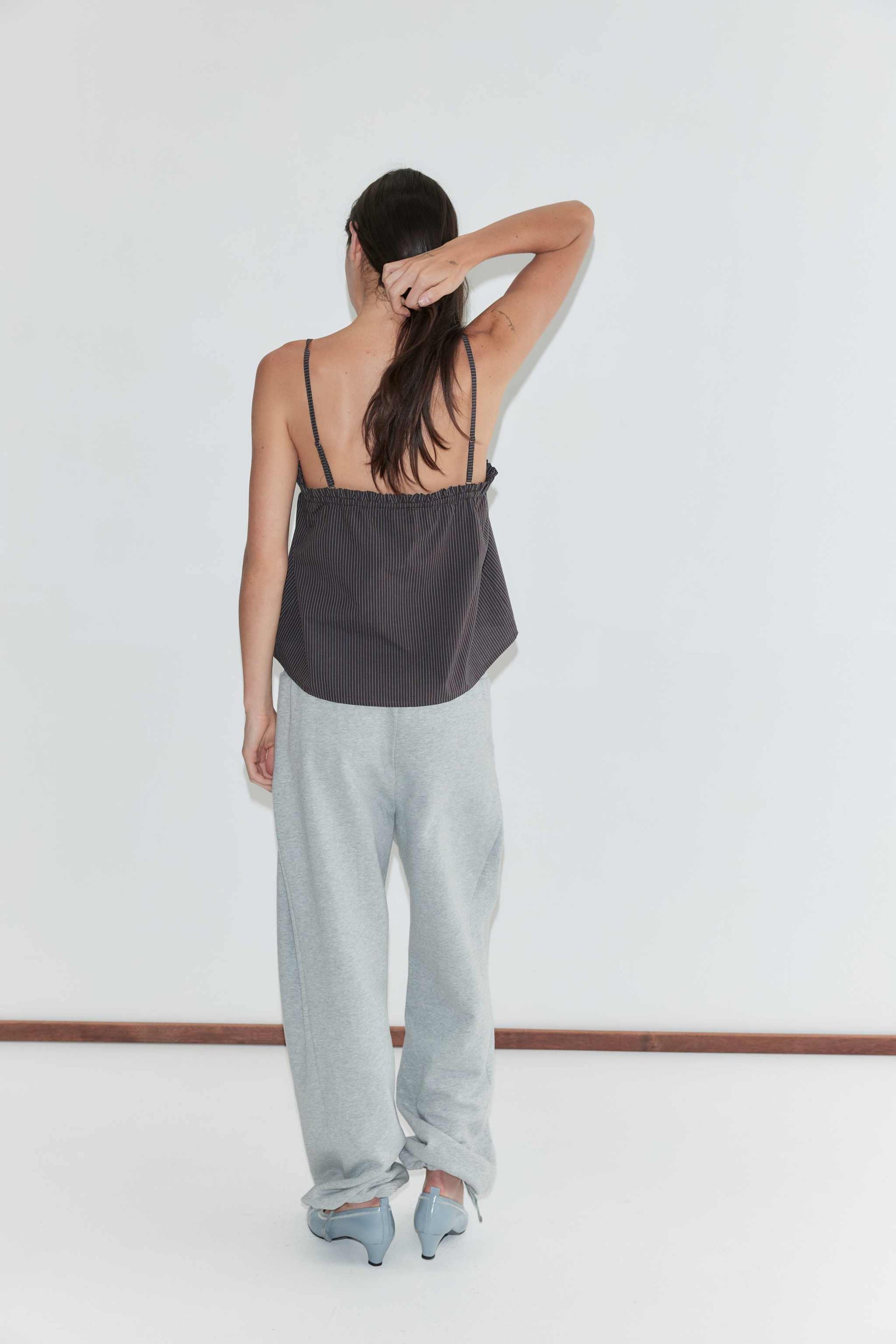 Deiji Studios Frill Placket Top Brown Blue Stripe