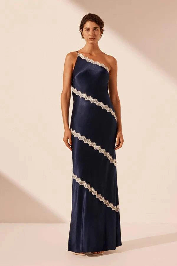 Shona Joy Camille Lace Asymmetrical Maxi Dress Deep Midnight/Ivory