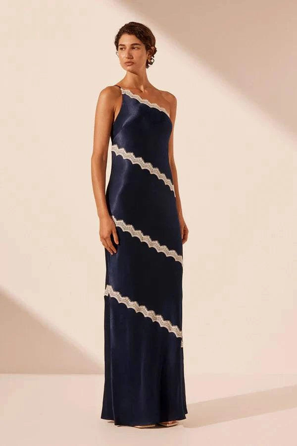 Shona Joy Camille Lace Asymmetrical Maxi Dress Deep Midnight/Ivory