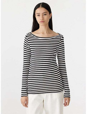 Bassike Stripe Envelope Neck Rib Top Black White
