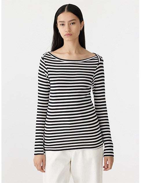 Bassike Stripe Envelope Neck Rib Top Black White