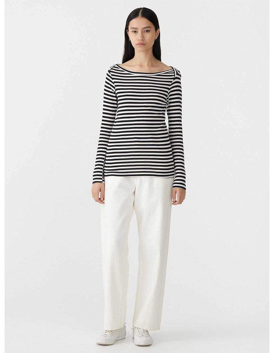 Bassike Stripe Envelope Neck Rib Top Black White