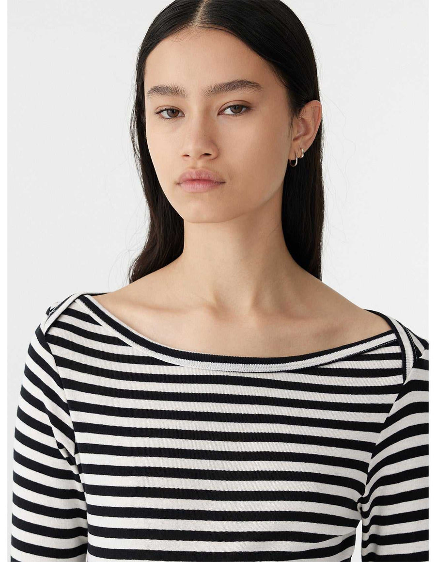 Bassike Stripe Envelope Neck Rib Top Black White