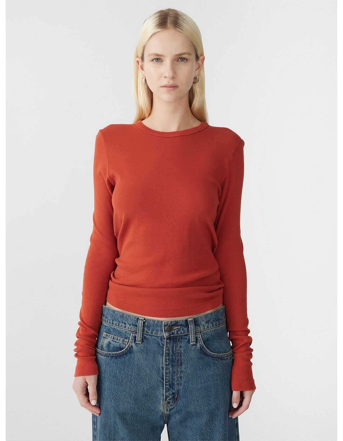 Bassike Slim Superfine Rib Long Sleeve TShirt Red Cedar