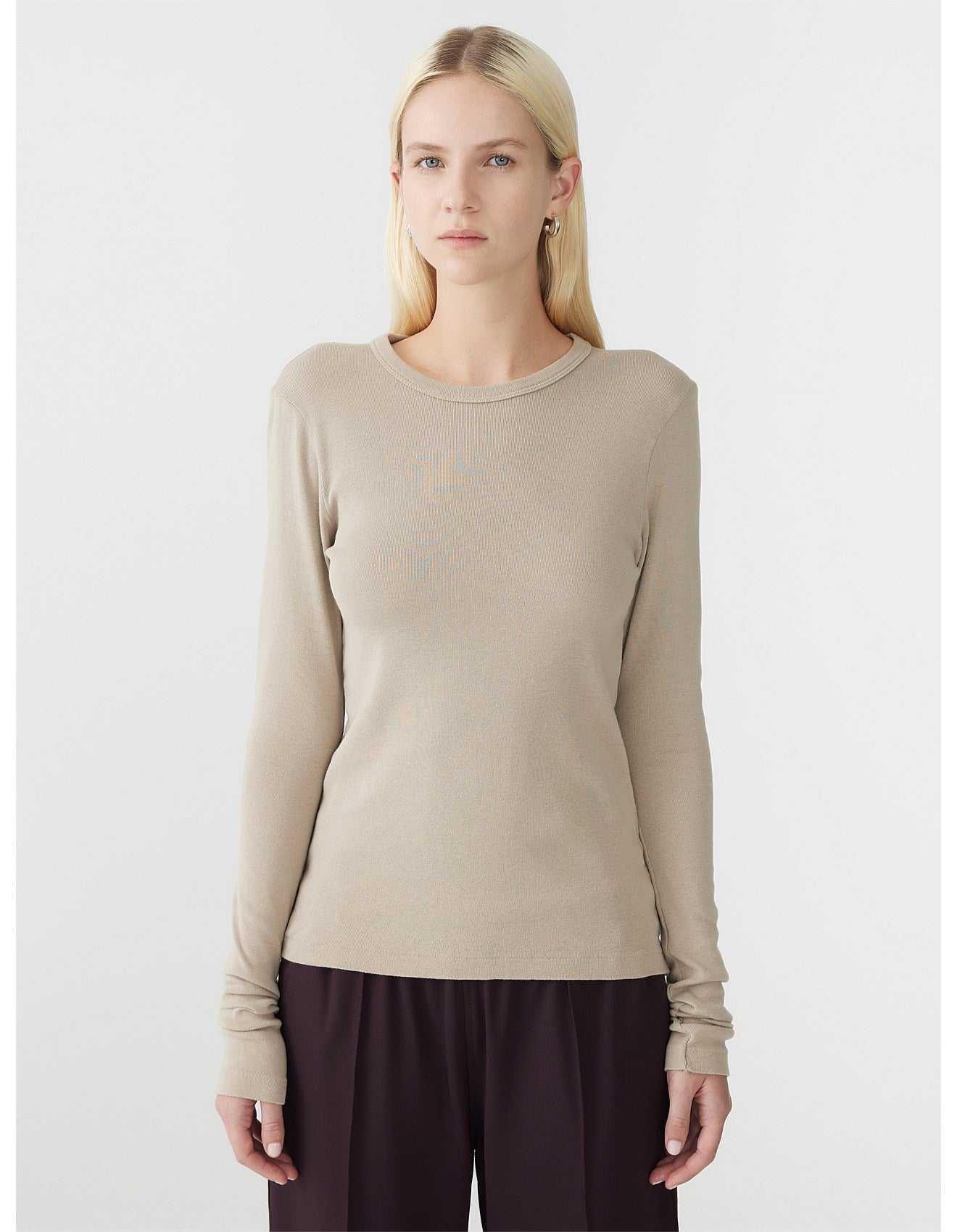 Bassike Slim Superfine Rib Long Sleeve TShirt Birch