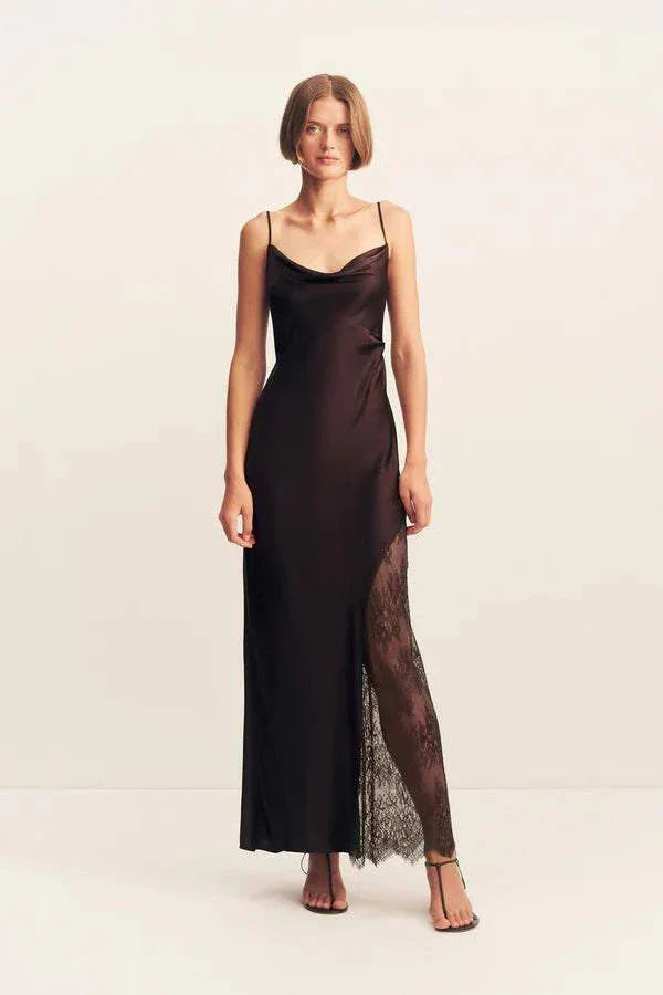 Shona Joy Allegra Cowl Lace Panelled Maxi Dress Espresso
