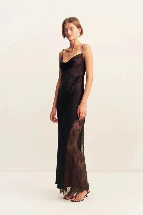 Shona Joy Allegra Cowl Lace Panelled Maxi Dress Espresso