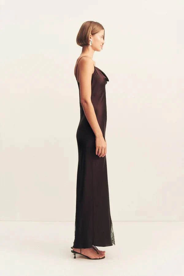 Shona Joy Allegra Cowl Lace Panelled Maxi Dress Espresso