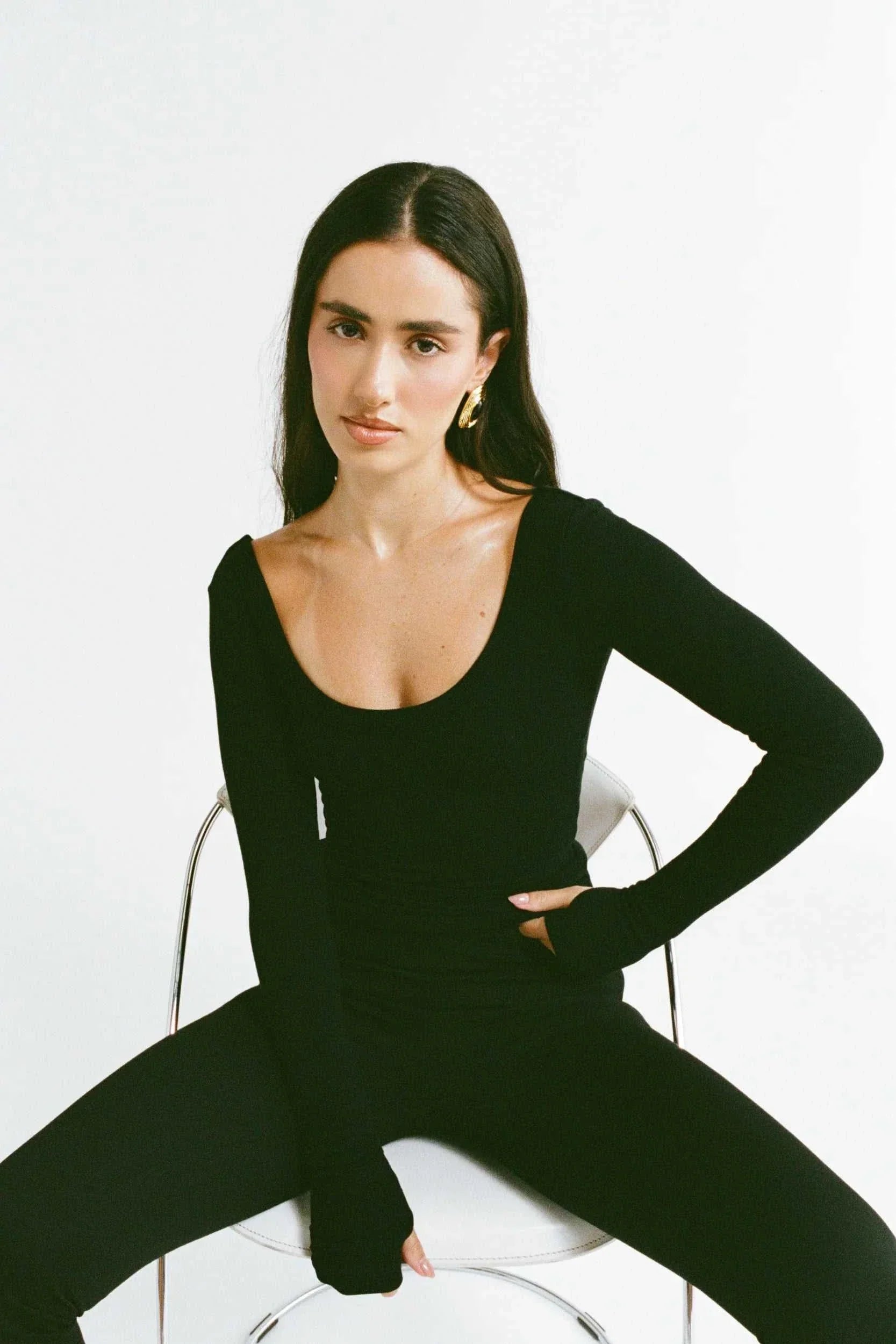 Primi Nat Scoop Long Sleeve Top Black