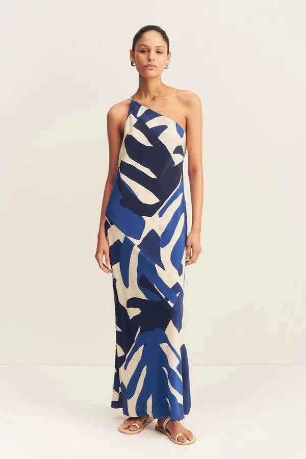 Shona Joy Edward Silk One Shoulder Maxi Dress Navy