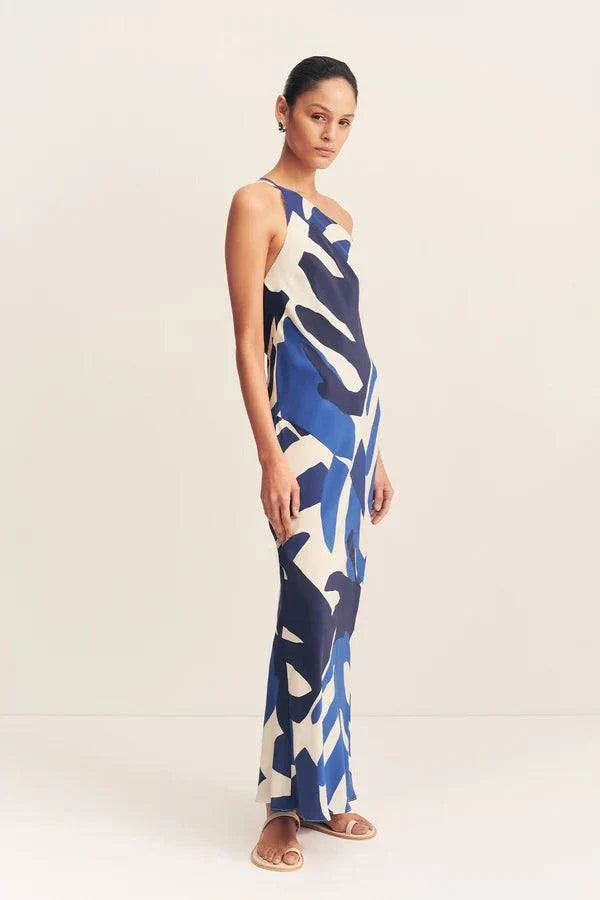 Shona Joy Edward Silk One Shoulder Maxi Dress Navy
