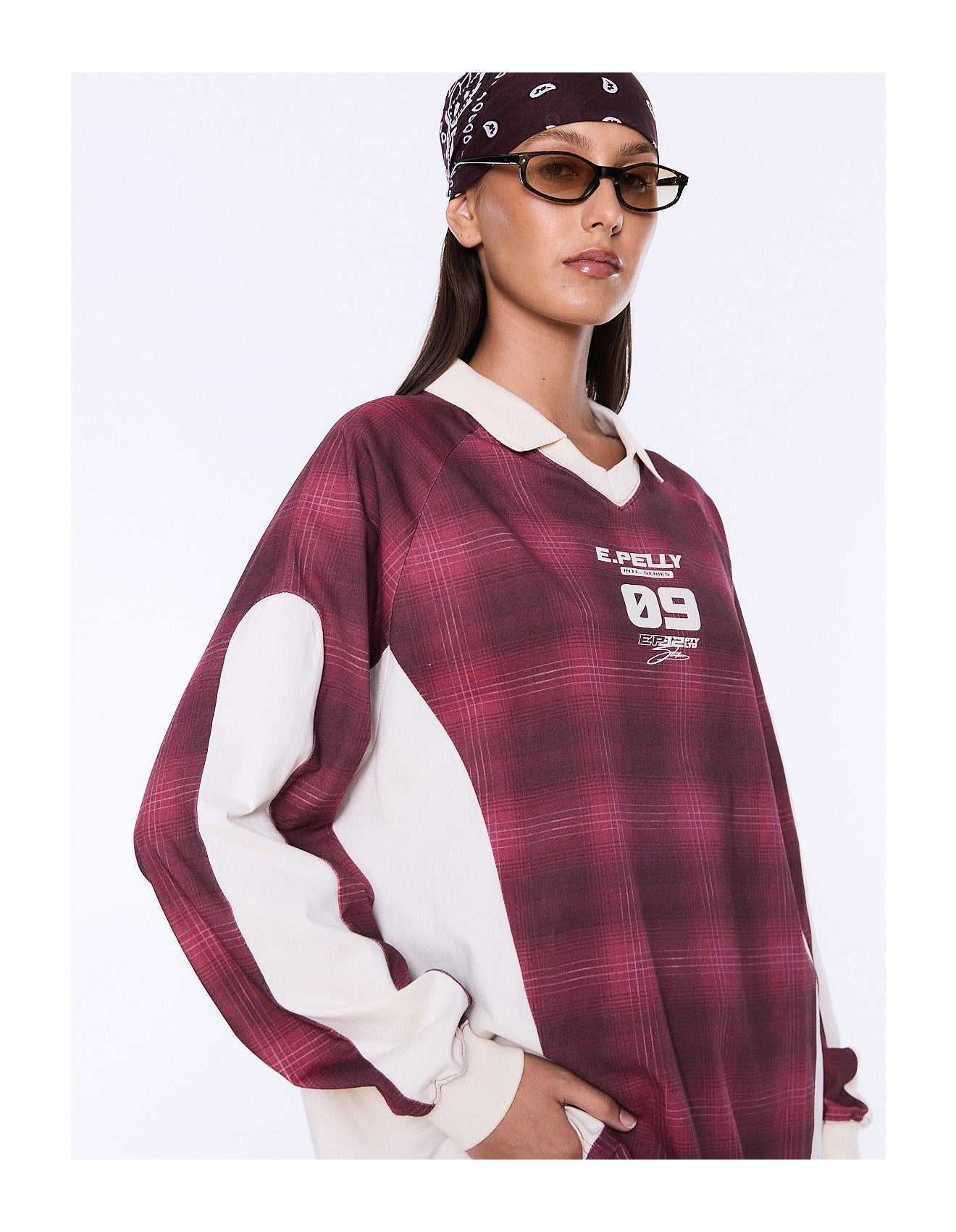 Ena Pelly Josie Long Sleeve Polo Burgundy Check