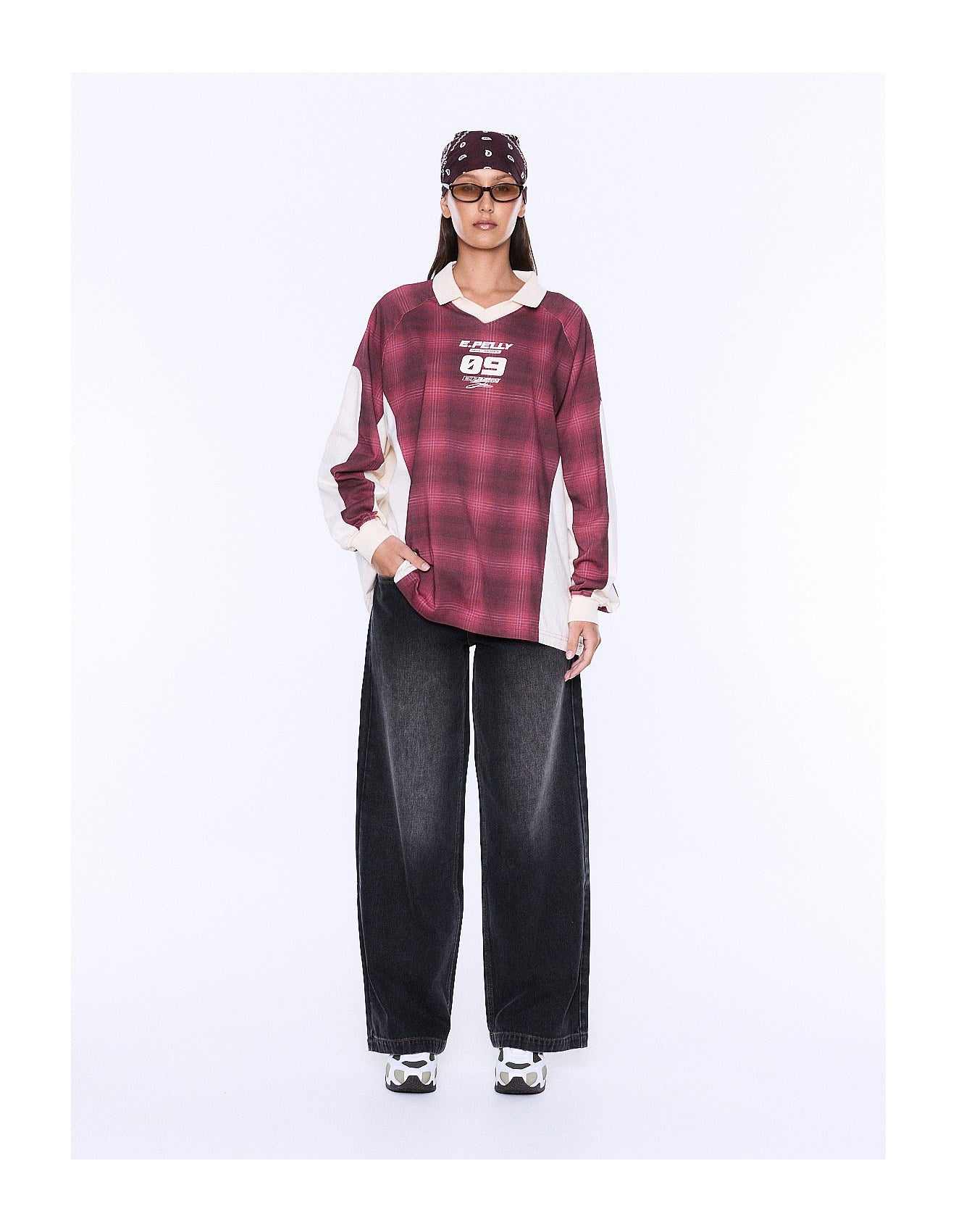 Ena Pelly Josie Long Sleeve Polo Burgundy Check
