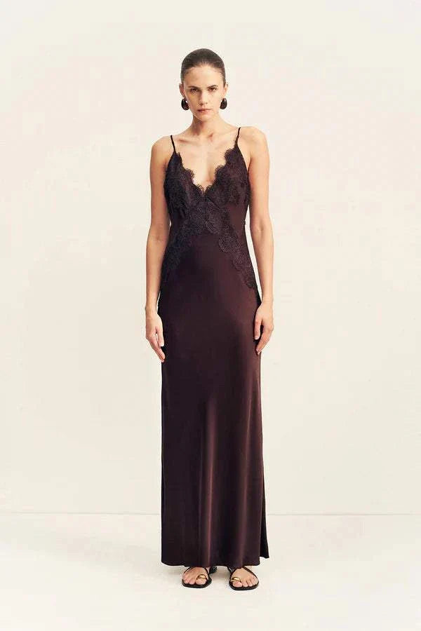 Shona Joy Simona Lace Slip Maxi Dress Espresso