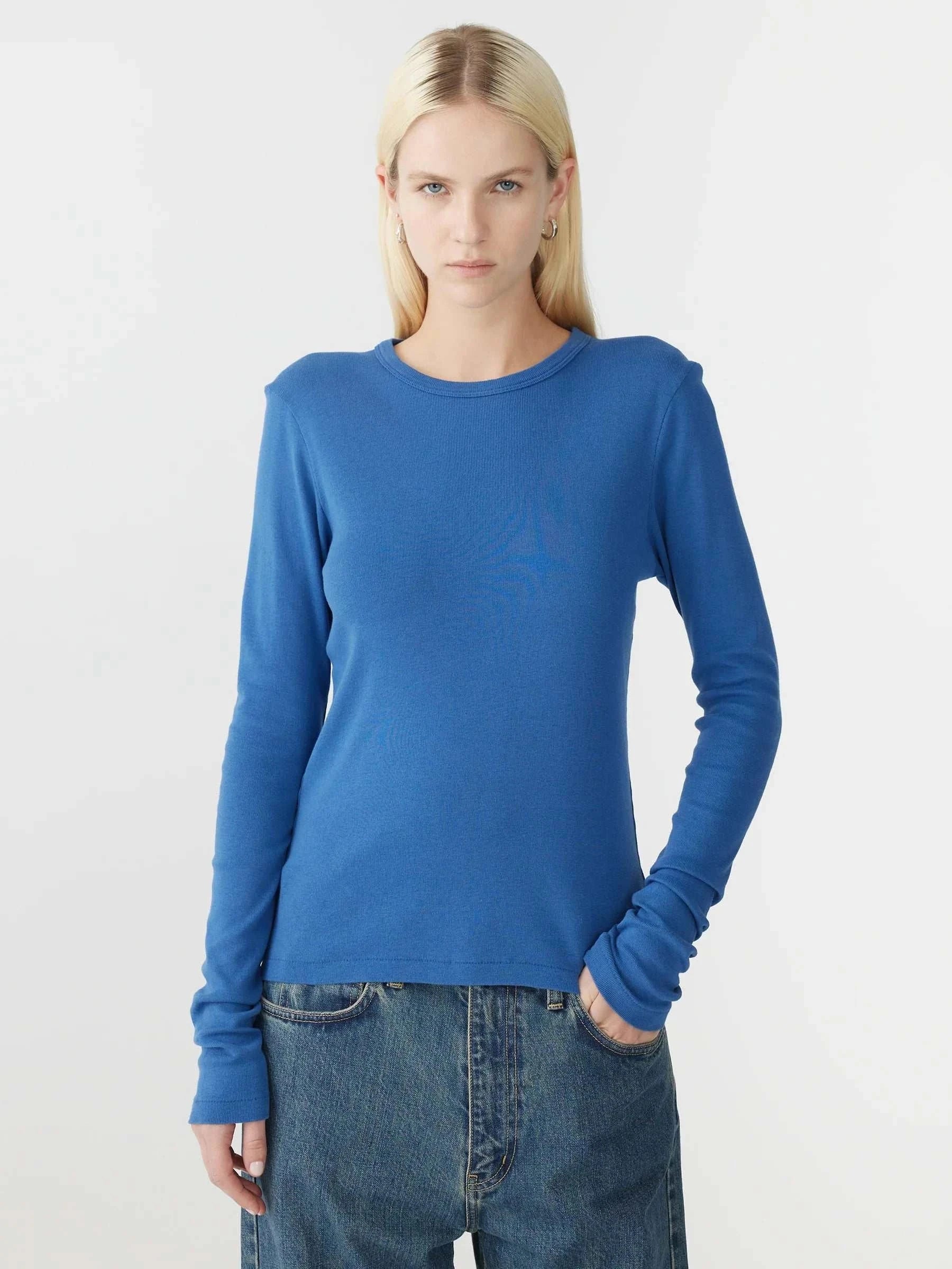 Bassike Slim Superfine Rib Long Sleeve T Shirt Marine Blue