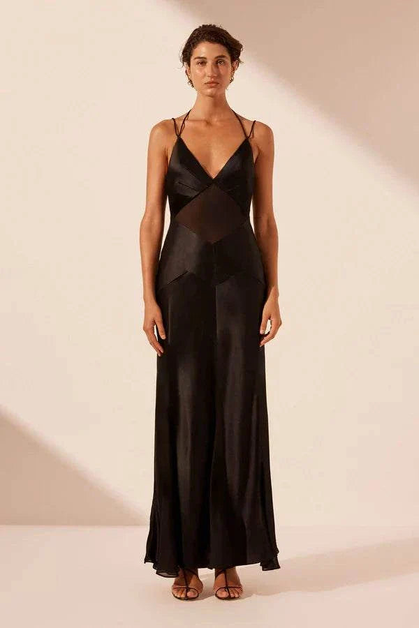 Shona Joy Moraya Plunged Godet Maxi Dress Black