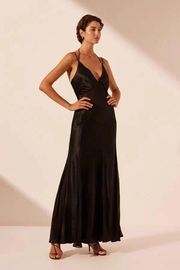 Shona Joy Moraya Plunged Godet Maxi Dress Black