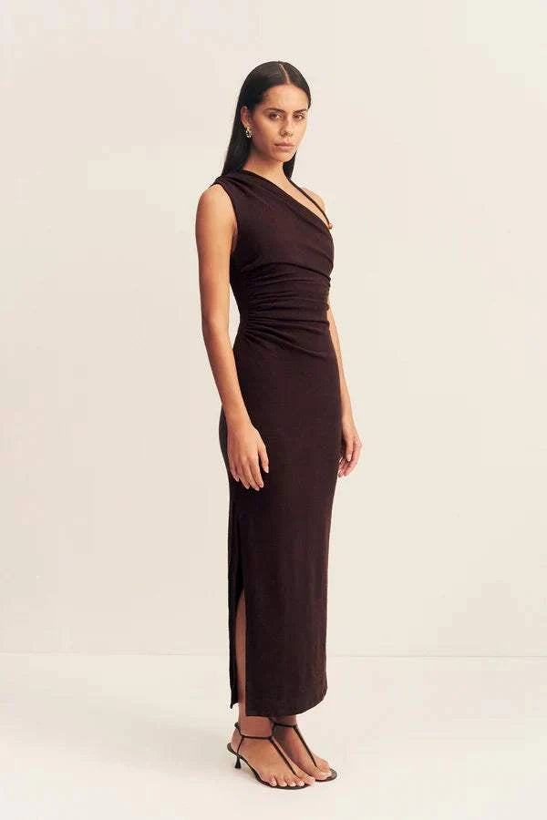 Shona Joy Beau Gathered Asymmetrical Midi Dress Espresso