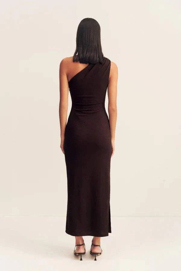 Shona Joy Beau Gathered Asymmetrical Midi Dress Espresso