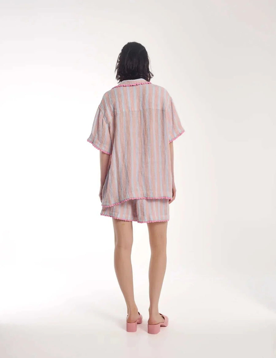 The Tales Hand Crochet Trimmed Stripe Linen Shirt Rose