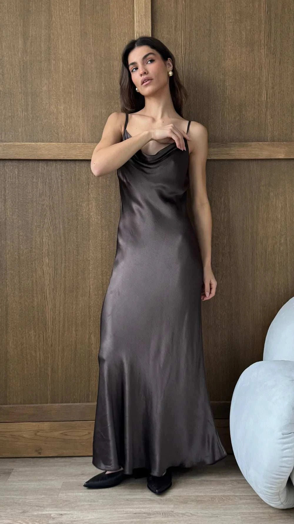 Charli Alena Satin Dress Dark Espresso One Size