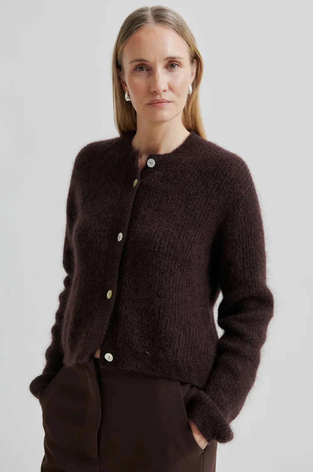Second Female Andrea Knit Rib Cardigan Chocolate Plum