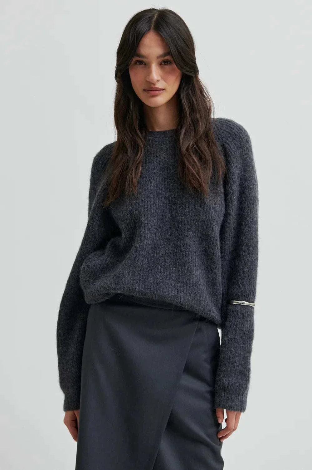 Second Female Flare Knit Knotted Dark grey Melange