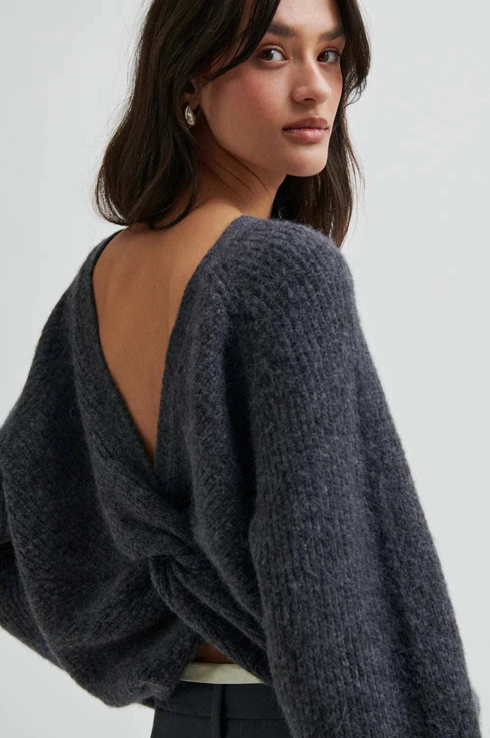 Second Female Flare Knit Knotted Dark grey Melange