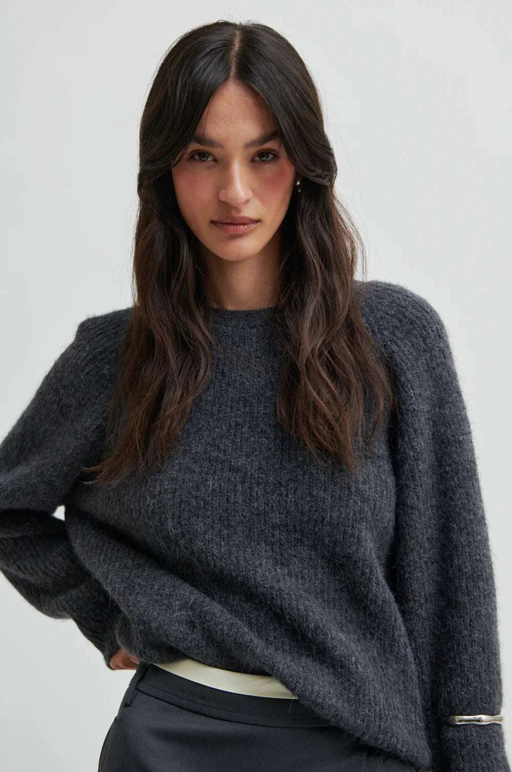 Second Female Flare Knit Knotted Dark grey Melange