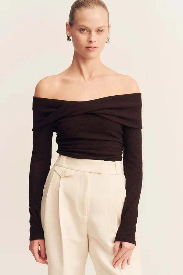 Shona Joy Beau Off Shoulder Twist Front Top Espresso