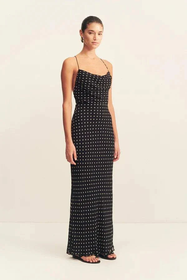 Shona Joy Houston Lace Back Maxi Dress Noir Polka