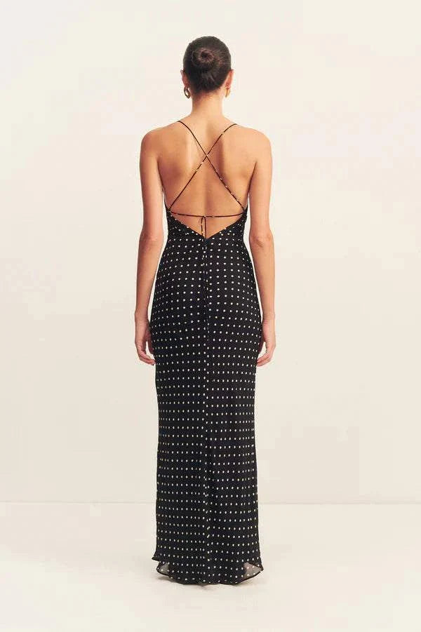 Shona Joy Houston Lace Back Maxi Dress Noir Polka