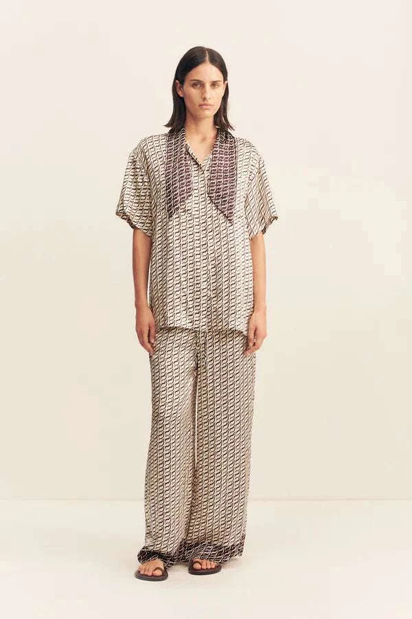 Shona Joy Monogram Silk Contrast Shirt Espresso