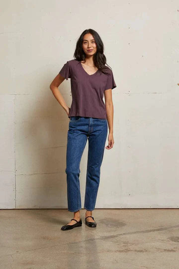 Perfectwhitetee Hendrix Cotton Short Sleeve Boxy V Neck Tee Plum