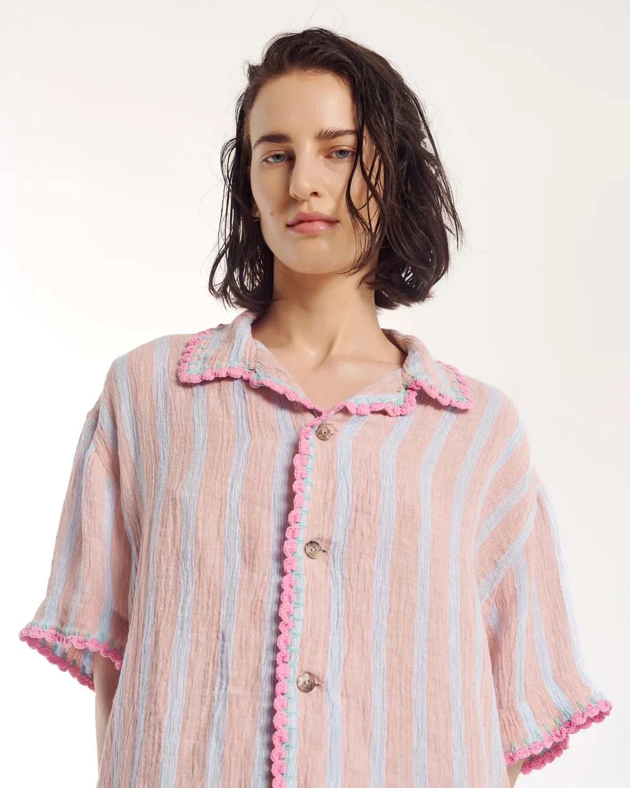 The Tales Hand Crochet Trimmed Stripe Linen Shirt Rose