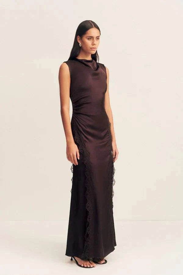 Shona Joy Allegra Lace Panelled Maxi Dress Espresso