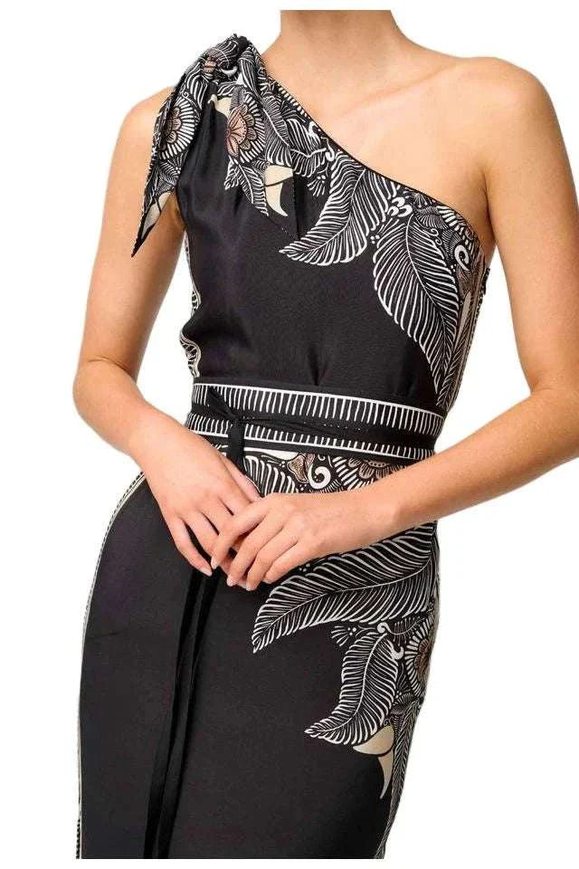 Once Was Amira One Shoulder Tie Dress Placement Print