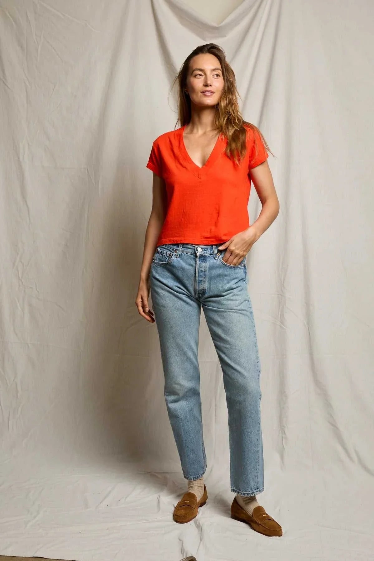 Perfectwhitetee Alanis Recycled Cotton V Neck Tee Tomato