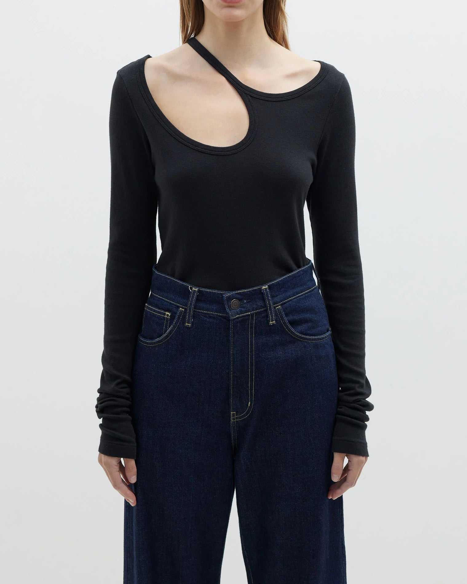 Bassike Slim Rib Cut Out Long Sleeve T Shirt Black